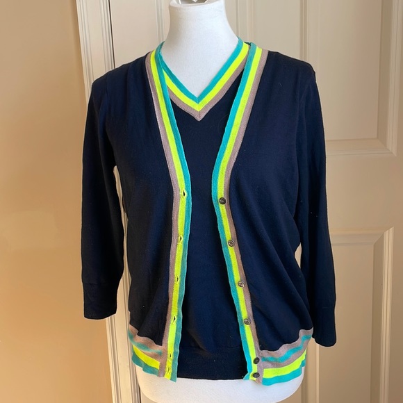 J. Crew Sweater Set - Navy with Neon Trim - Size Medium | Color: Blue/Yellow | Size: M | Bethinpark's Closet